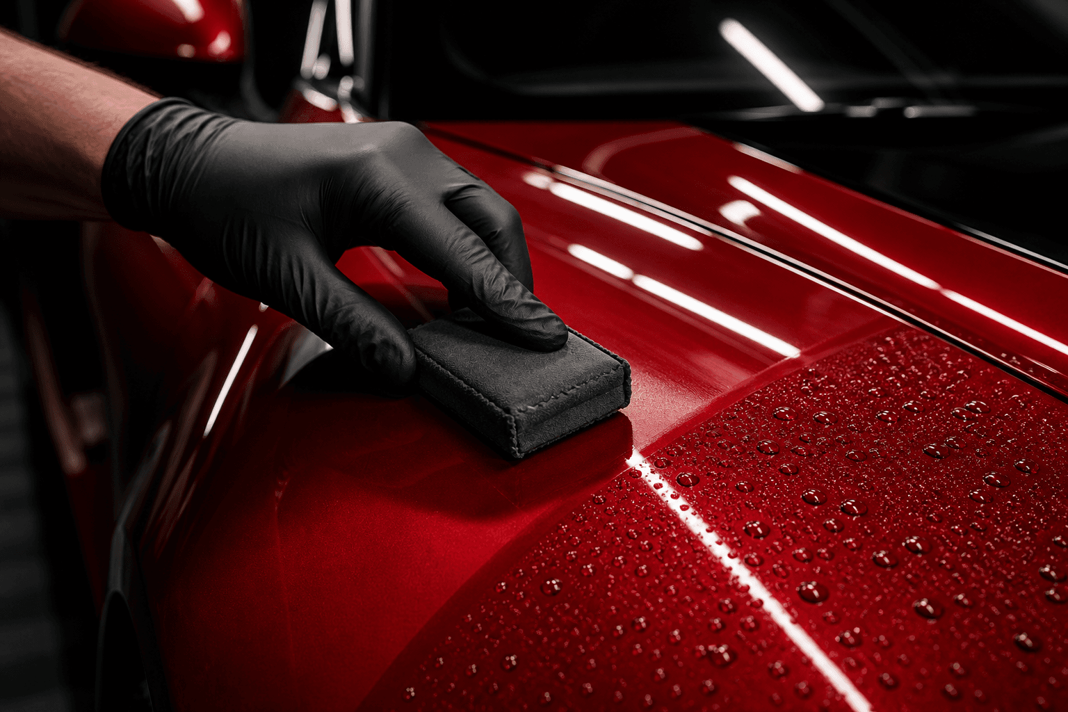Coating applicator drawn across a glossy red vehicle panel
