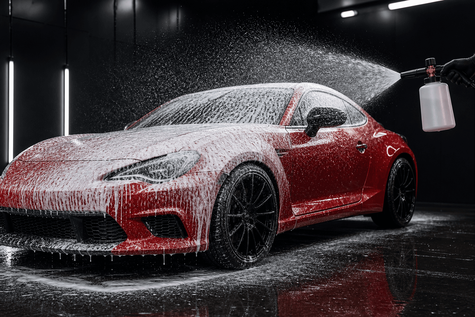 Performance coupe under a dense foam wash in a dark detailing bay
