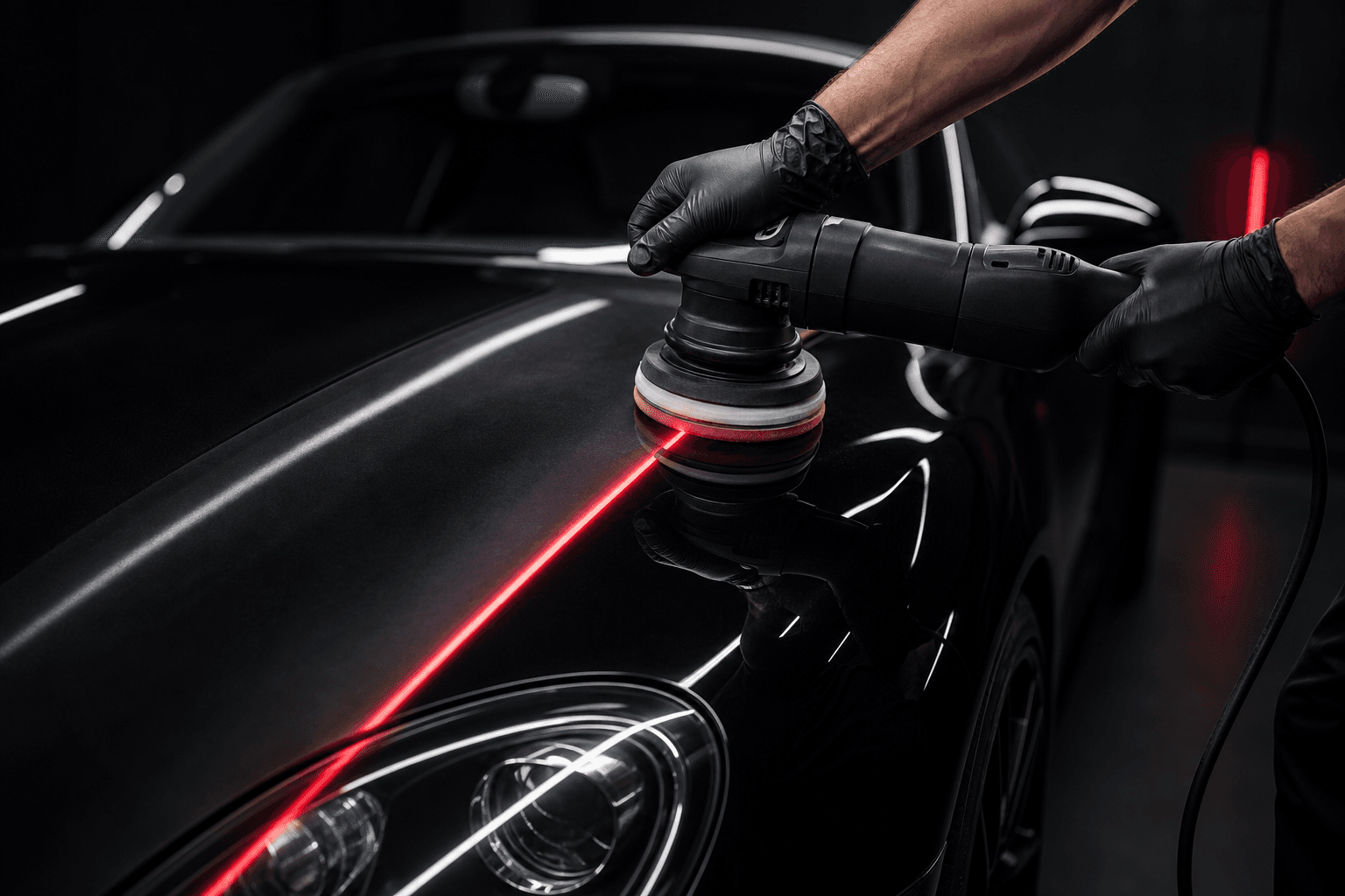 Dual-action polisher refining the finish of a glossy black hood